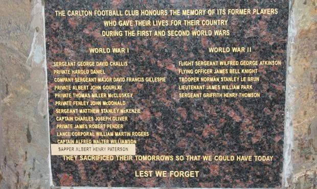 Albert 'Alby' Paterson's name is added to Carlton's Great Fallen memorial plaque at Ikon Park. (Photo: Carlton Media)