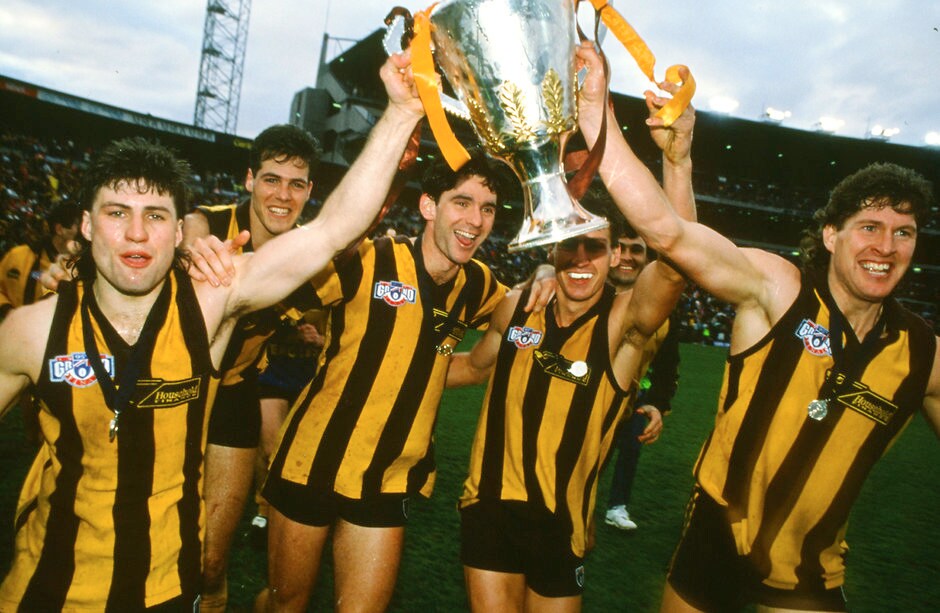 1991 AFL Grand Final - Hawthorn v West Coast Dean Anderson, centre, celebrates the Hawks' 1991 premiership with teammates - ${keywords}
