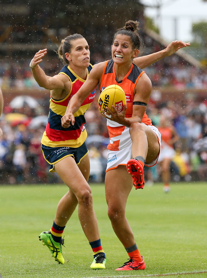 AFLW 2017 Rd 01 - Adelaide v GWS Giants Chelsea Randall tackles Giant Jessica Dal Pos during the AFLW round one clash. Picture: AFL Photos - ${keywords}