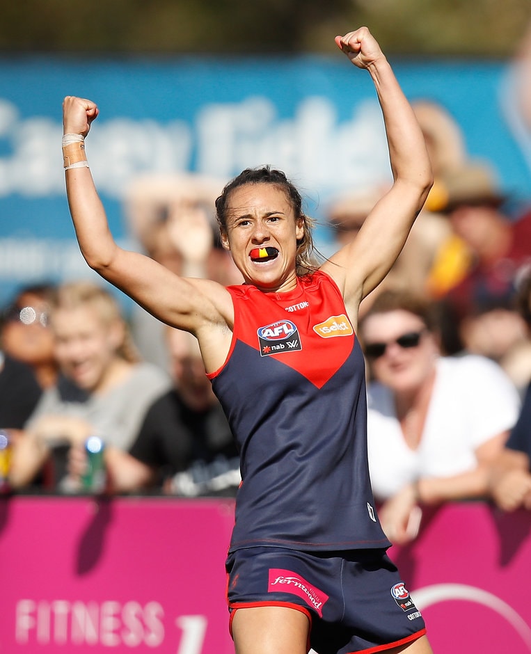 Aliesha Newman celebrates her Goal of the Year against the Crows - AFLW
