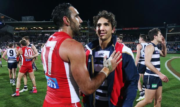 Goodes welcomed by Geelong crowd in return to footy