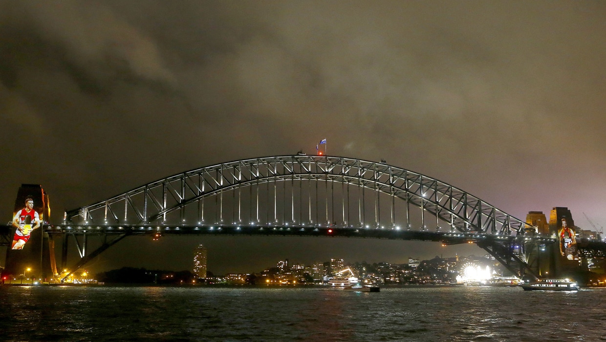 Sydney Harbour Bridge Eastern Pylons Projection Show Of Sydney Swans & Western Sydney Giants Players