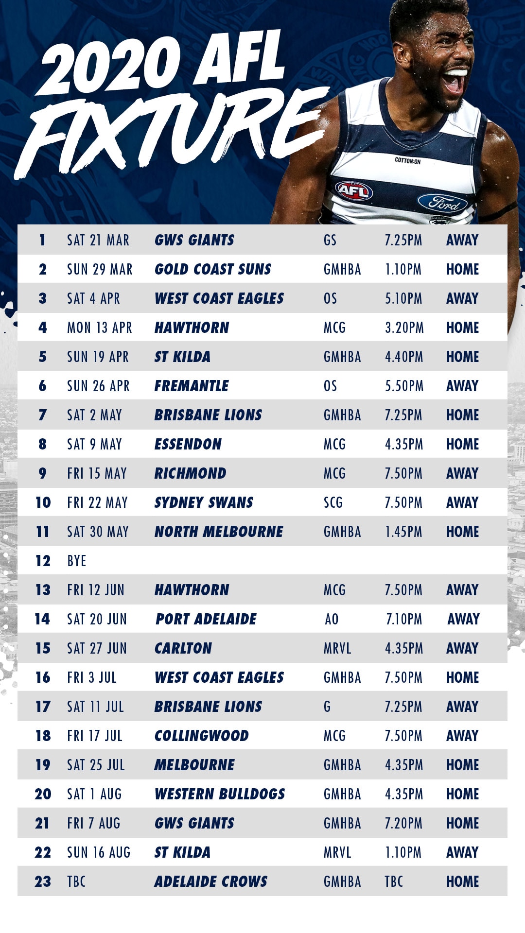 Geelong Cat's 2020 Fixture