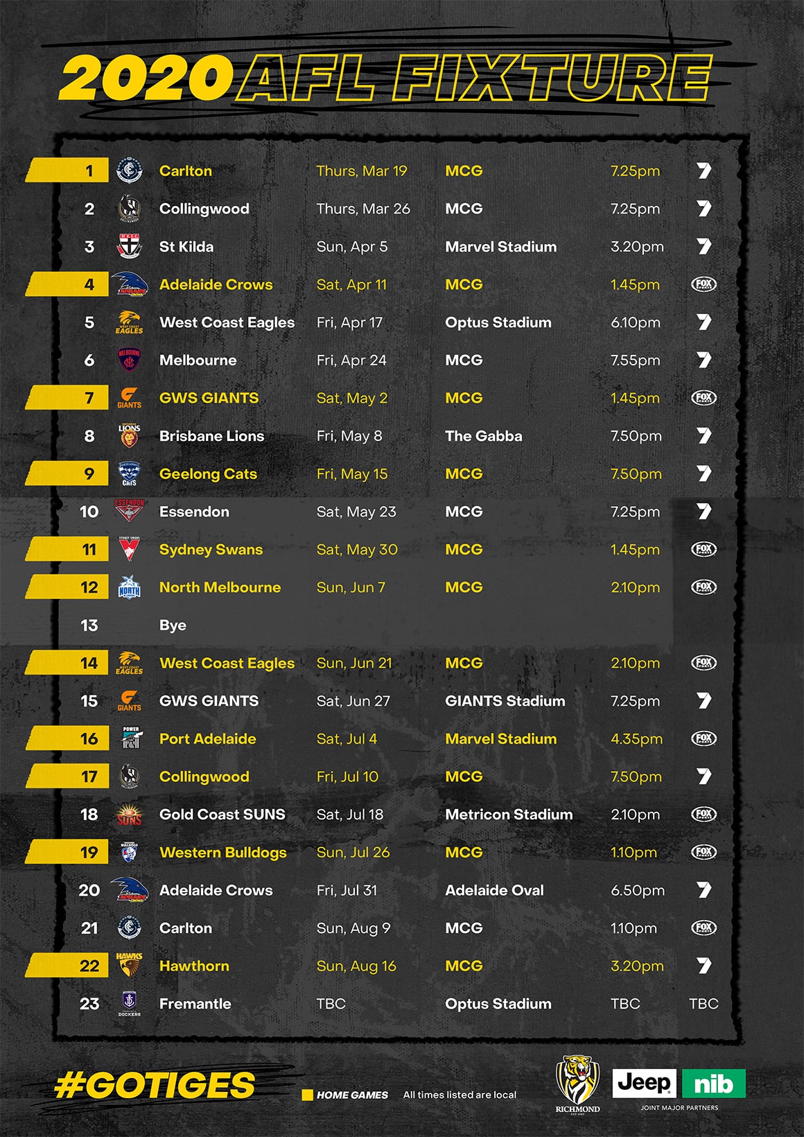 Official 2020 Richmond AFL & AFLW fixtures