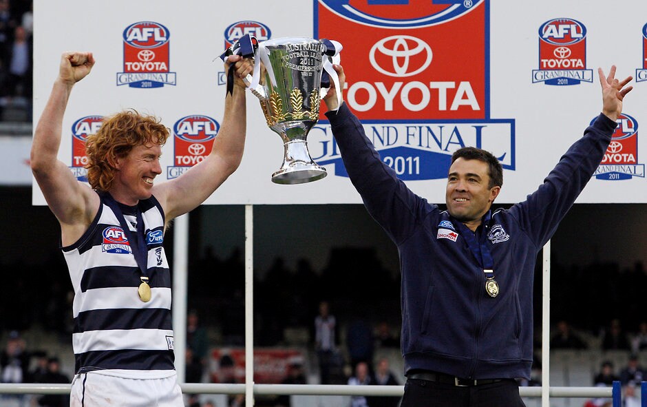AFL 2011 Toyota Grand Final - Collingwood v Geelong Cam Ling and Chris Scott with 2011 Grand Final cup - AFL,Trade,Geelong Cats,Tag-Opinion