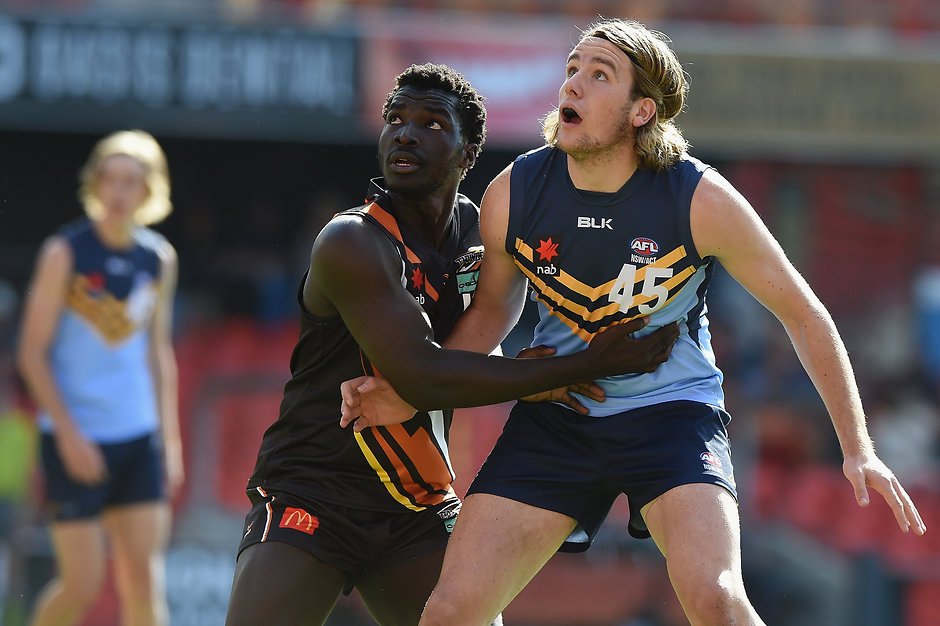 AFL 2016 U18 Championships - NSW/ACT v NT GOLD COAST, AUSTRALIA - MAY 22: Max Lynch of NSW/ACT competes for the ball against Patrick Taban of Northern Territory during the Under 18 Championship match between NSW/ACT and Northern Territory at Metricon Stadium on May 22, 2016 in Gold Coast, Australia. (Photo by Matt Roberts/AFL Media)