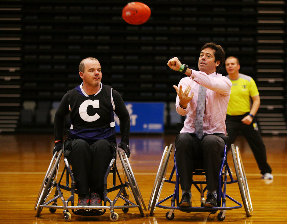 AFL 2016 Media - Wheelchair Australian Football Announcement AFL CEO Gillon McLachlan gets a taste of wheelchair football - AFL