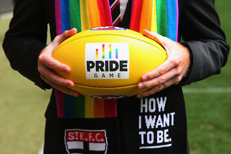 AFL 2016 Media - Pride Round Launch 090816 MELBOURNE, AUSTRALIA - AUGUST 09: St.Kilda Saints CEO Matt Finnis holds the Pride Game rainbow ball during an AFL media opportunity at Etihad Stadium on August 9, 2016 in Melbourne, Australia. St.Kilda Saints will play Sydney Swans in the Pride Game on the weekend. (Photo by Michael Dodge/Getty Images/AFL Media)