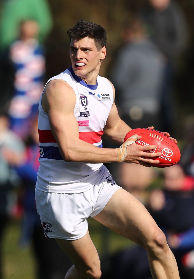 VFL 2016 1st Qualifying Final - Casey Scorpians v Footscray MELBOURNE, AUSTRALIA - SEPTEMBER 3: Andrew Tashevski-Beckwith of Footscray runs with the ball during the VFL 1st Qualifying Final match between Casey Scorpions and Footscray at Casey Fields on September 3, 2016 in Melbourne, Australia. (Photo by Scott Barbour/AFL Media)