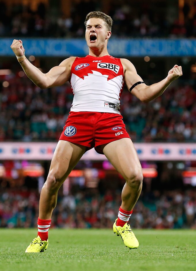 AFL 2016 First Semi Final - Sydney v Adelaide SYDNEY, AUSTRALIA - SEPTEMBER 17: Tom Papley of the Swans celebrates a goal during the 2016 AFL First Semi Final match between the Sydney Swans and the Adelaide Crows at the Sydney Cricket Ground on September 17, 2016 in Sydney, Australia. (Photo by Adam Trafford/AFL Media)