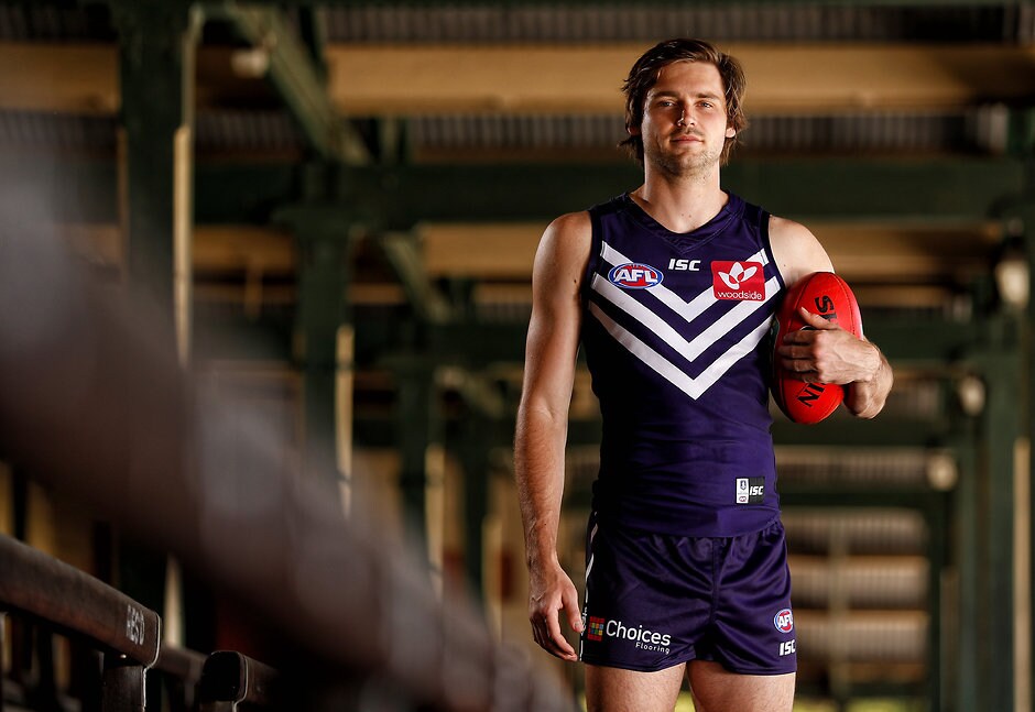 AFL 2017 Portraits - Fremantle PERTH, AUSTRALIA - DECEMBER 13: Joel Hamling poses for a photograph during the Fremantle Dockers 2017 official team photo day at Fremantle Oval in Perth, Australia on December 13, 2016. (Photo by Michael Willson/AFL Media)
