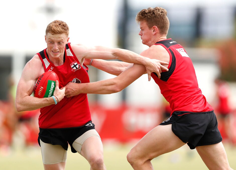 AFL 2016 Training - St Kilda 211216 Ray Connellan (left) is tackled by fellow Irishman Darragh Joyce at training - AFL,Ray Connellan,St Kilda Saints,Delistings