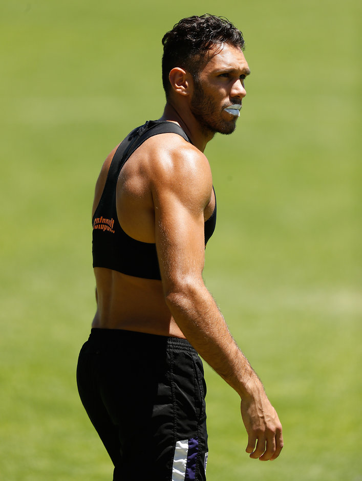 AFL 2017 Training - Fremantle 160117 PERTH, AUSTRALIA - JANUARY 16: Harley Bennell of the Dockers looks on during the Fremantle Dockers training session at Fremantle Oval on January 16, 2017 in Perth, Australia. (Photo by Michael Willson/AFL Media)