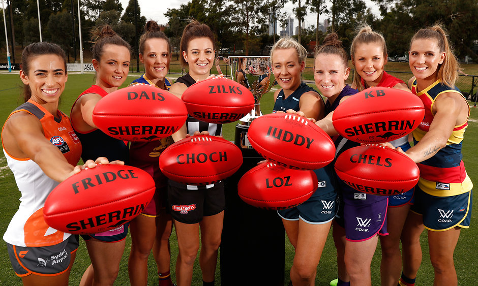 AFL 2017 Media - NAB AFL Womens Competition Launch MELBOURNE, AUSTRALIA - FEBRUARY 1: (L-R) Amanda Farrugia of the Giants, Daisy Pearce of the Demons, Emma Zielke of the Lions, Steph Chiocci of the Magpies, Lauren Arnell of the Blues, Kara Donnellan of the Dockers, Katie Brennan of the Bulldogs and Chelsea Randall of the Crows pose for a photograph during the NAB AFL Women�s Competition Launch and AFLW Captains Gathering at Arden Street Oval on February 1, 2017 in Melbourne, Australia. (Photo by Michael Willson/AFL Media)