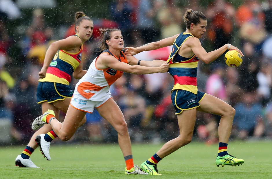 AFLW 2017 Rd 01 - Adelaide v GWS Giants ADELAIDE, AUSTRALIA - FEBRUARY 4: Chelsea Randall of the Crows tackled by Nicola Barr of the Giants during the 2017 AFLW Round 01 match between the Adelaide Crows and the GWS Giants at Thebarton Oval on February 4, 2017 in Adelaide, Australia. (Photo by AFL Media)