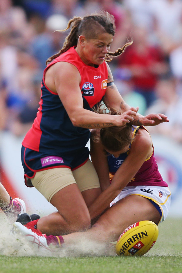 AFLW 2017 Rd 01 - Melbourne v Brisbane MELBOURNE, AUSTRALIA - FEBRUARY 05: Richelle Cranston of the Demons crunches Jamie Stanton of the Lions during the round one Women's AFL match between the Melbourne Demons and the Brisbane Lions at Casey Fields on February 5, 2017 in Melbourne, Australia. (Photo by Michael Dodge/Getty Images/AFL Media)