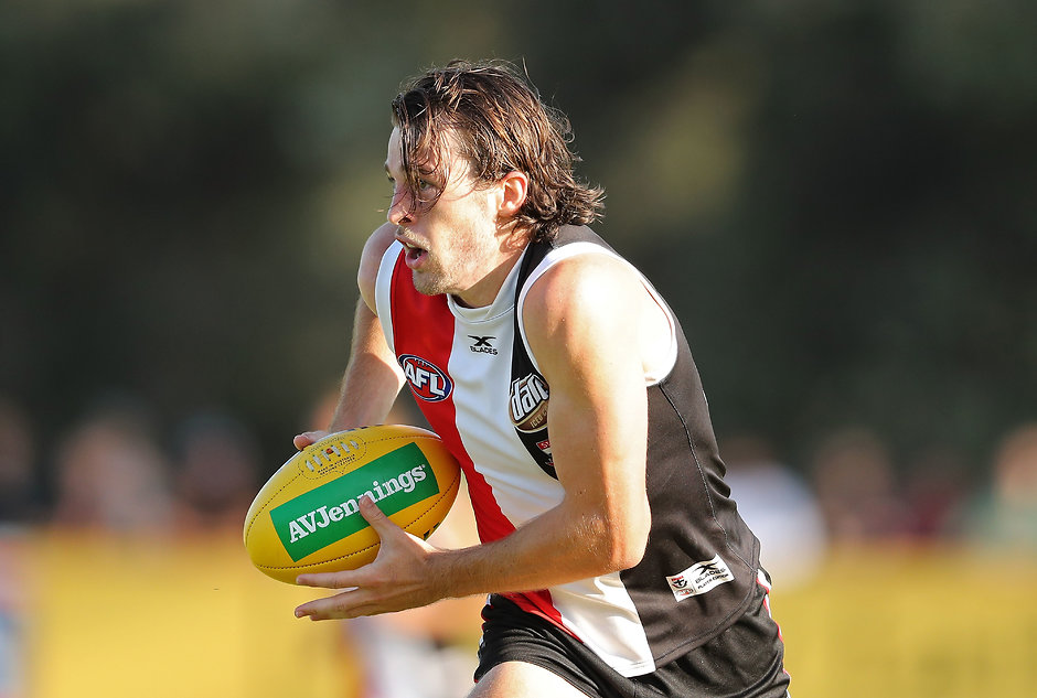 AFL 2017 Training - St Kilda Intraclub Match MELBOURNE, AUSTRALIA - FEBRUARY 16: Daniel McKenzie runs with the ball during the St Kilda Saints AFL Intra-Club Match at Trevor Barker Oval on February 16, 2017 in Melbourne, Australia. (Photo by Scott Barbour/Getty Images/AFL Media)