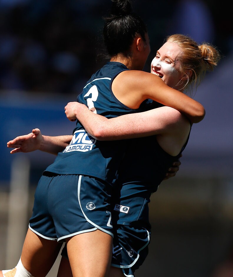 AFLW 2017 Rd 05 - Carlton v Western Bulldogs MELBOURNE, AUSTRALIA - MARCH 4: Darcy Vescio (left) and Kate Shierlaw of the Blues celebrate during the 2017 AFLW Round 05 match between the Carlton Blues and the Western Bulldogs at Ikon Park on March 4, 2017 in Melbourne, Australia. (Photo by Michael Willson/AFL Media)