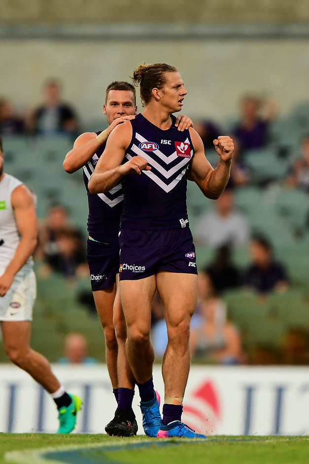 AFL 2017 JLT Community Series - Fremantle v Carlton PERTH, AUSTRALIA - MARCH 10: Nathan Fyfe of the Dockers celebrates a Super goal during the AFL 2017 JLT Community Series match between the Fremantle Dockers and the Carlton Blues at Domain Stadium on March 10, 2017 in Perth, Australia. (Photo by Daniel Carson/AFL Media)