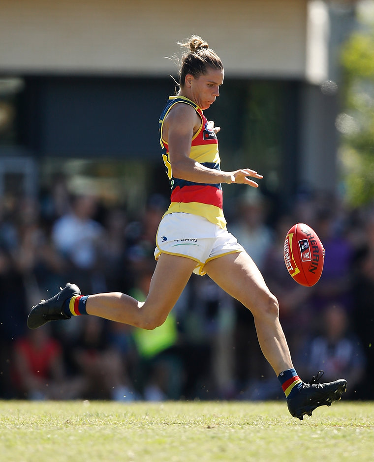 AFLW 2017 Rd 07 - Collingwood v Adelaide MELBOURNE, AUSTRALIA - MARCH 19: Chelsea Randall of the Crows kicks the ball during the 2017 AFLW Round 07 match between the Collingwood Magpies and the Adelaide Crows at Olympic Park Oval on March 19, 2017 in Melbourne, Australia. (Photo by Michael Willson/AFL Media)
