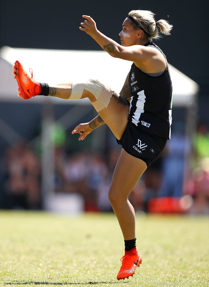 AFLW 2017 Rd 07 - Collingwood v Adelaide MELBOURNE, AUSTRALIA - MARCH 19: Moana Hope of the Magpies kicks the ball during the 2017 AFLW Round 07 match between the Collingwood Magpies and the Adelaide Crows at Olympic Park Oval on March 19, 2017 in Melbourne, Australia. (Photo by Michael Willson/AFL Media)