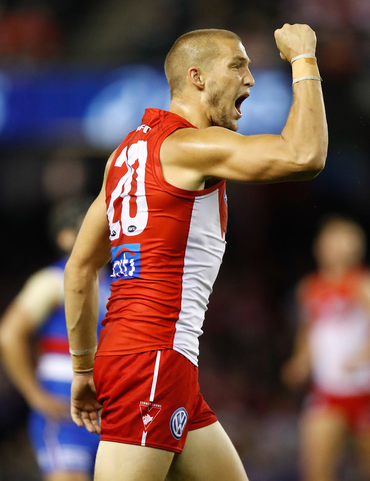 AFL 2017 Round 02 - Western Bulldogs v Sydney MELBOURNE, AUSTRALIA - MARCH 31: Sam Reid of the Swans celebrates a goal during the 2017 AFL round 02 match between the Western Bulldogs and the Sydney Swans at Etihad Stadium on March 31, 2017 in Melbourne, Australia. (Photo by Michael Willson/AFL Media)