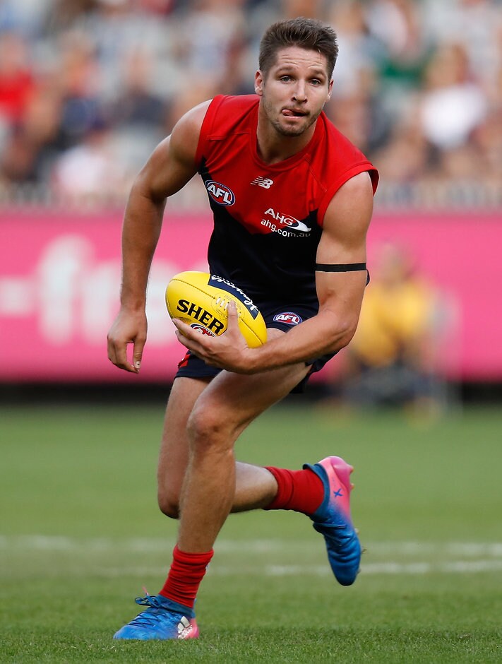 AFL 2017 Round 02 - Melbourne v Carlton MELBOURNE, AUSTRALIA - APRIL 02: Jesse Hogan of the Demons in action during the 2017 AFL round 02 match between the Melbourne Demons and the Carlton Blues at the Melbourne Cricket Ground on April 02, 2017 in Melbourne, Australia. (Photo by Michael Willson/AFL Media)