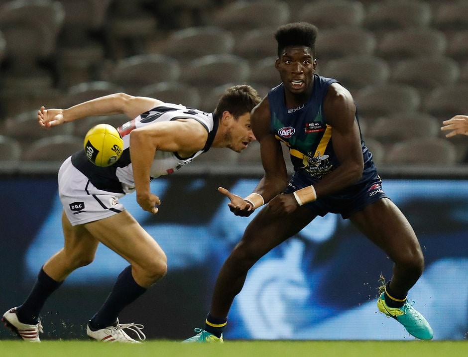 AFL 2017 Media - AFL Academy v Northern Blues MELBOURNE, AUSTRALIA - APRIL 15: Kwaby Boakye in action during the AFL Academy v Northern Blues match at Etihad Stadium in Melbourne, Australia on April 15, 2017. (Photo by Michael Willson/AFL Media)