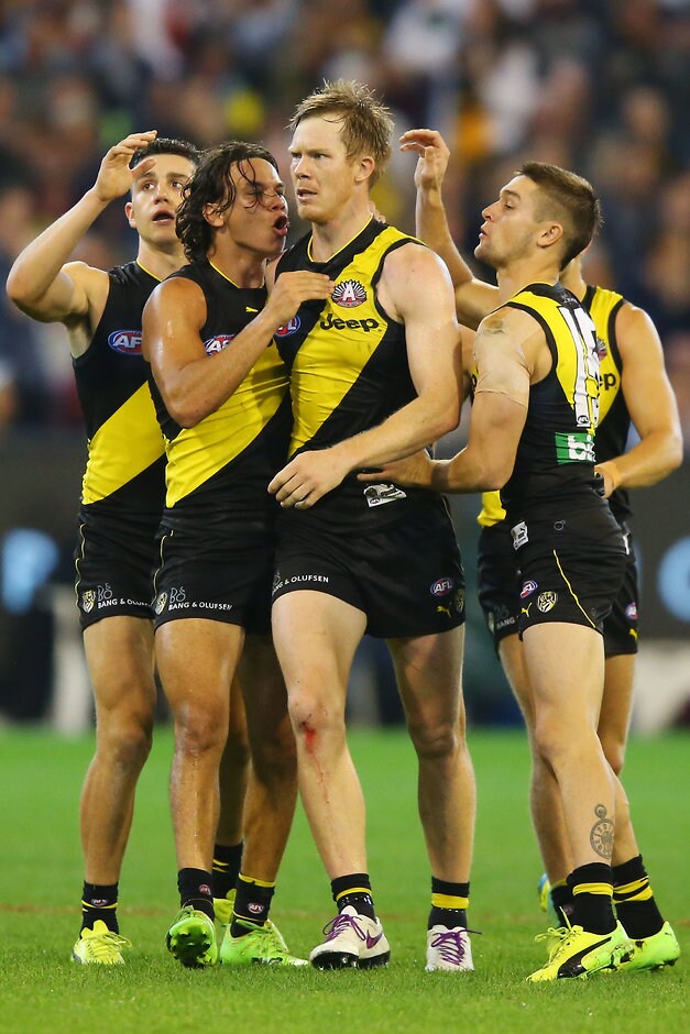 AFL 2017 Round 05 - Richmond v Melbourne MELBOURNE, AUSTRALIA - APRIL 24: Jack Riewoldt of the Tigers celebrates a goal during the 2017 AFL round 05 match between the Richmond Tigers and the Melbourne Demons at the Melbourne Cricket Ground on April 24, 2017 in Melbourne, Australia. (Photo by Michael Dodge/AFL Media)