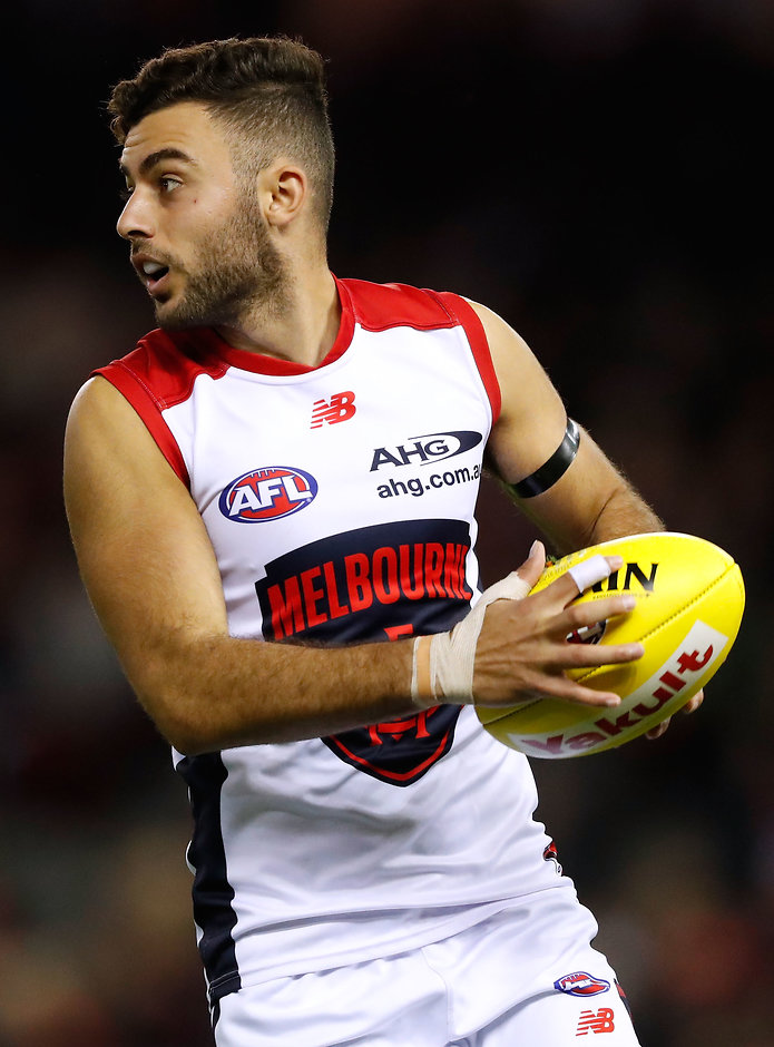 AFL 2017 Round 06 - Essendon v Melbourne MELBOURNE, AUSTRALIA - APRIL 30: Christian Salem of the Demons in action during the 2017 AFL round 06 match between the Essendon Bombers and the Melbourne Demons at Etihad Stadium on April 30, 2017 in Melbourne, Australia. (Photo by Adam Trafford/AFL Media)