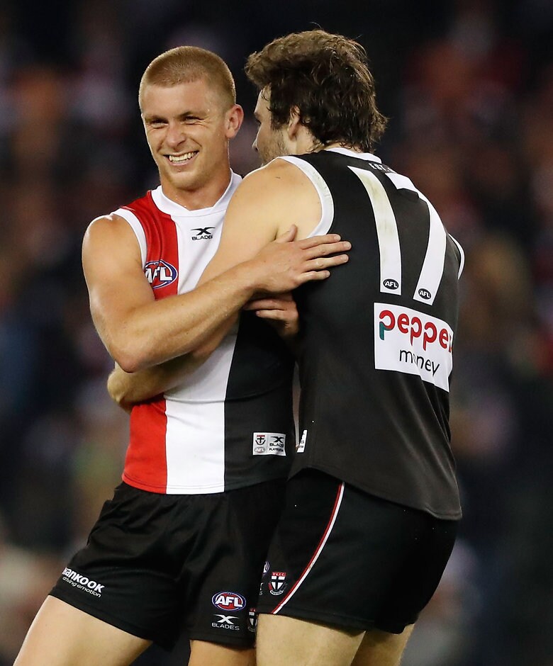 AFL 2017 Round 07 - St Kilda v GWS Giants MELBOURNE, AUSTRALIA - MAY 05: Sebastian Ross of the Saints (left) celebrates on the final siren with Dylan Roberton of the Saints during the 2017 AFL round 07 match between the St Kilda Saints and the GWS Giants at Etihad Stadium on May 05, 2017 in Melbourne, Australia. (Photo by Adam Trafford/AFL Media)