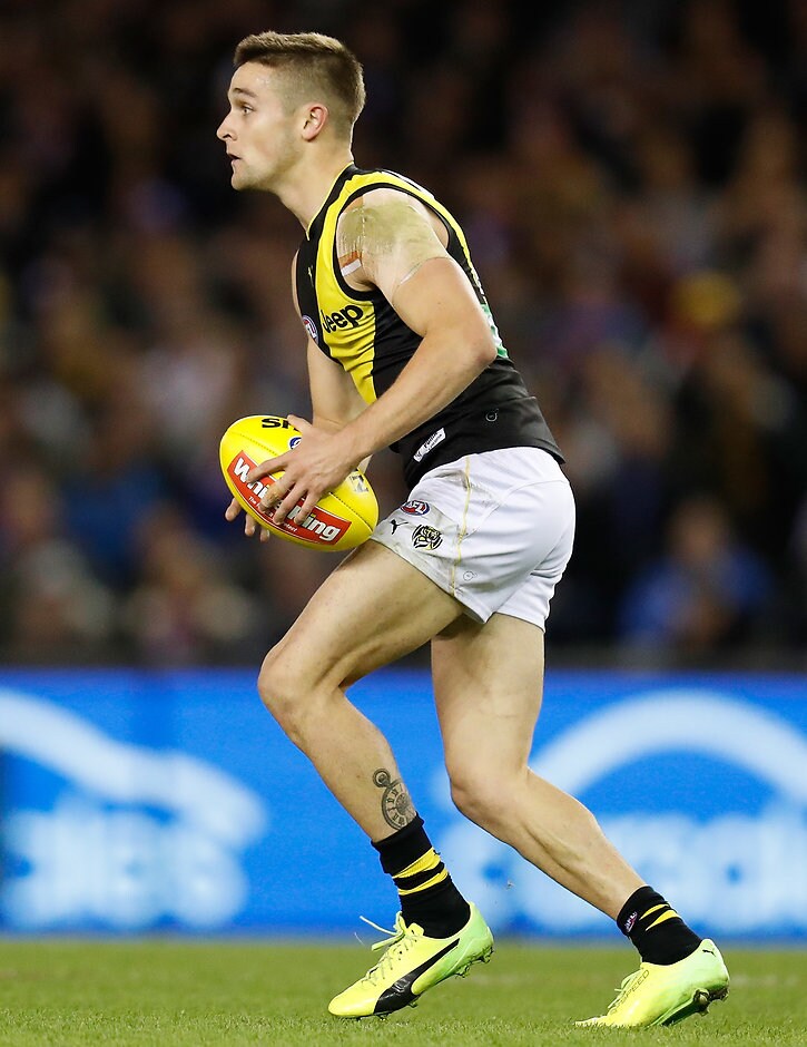 AFL 2017 Round 07 - Western Bulldogs v Richmond MELBOURNE, AUSTRALIA - MAY 06: Jayden Short of the Tigers in action during the 2017 AFL round 07 match between the Western Bulldogs and the Richmond Tigers at Etihad Stadium on May 06, 2017 in Melbourne, Australia. (Photo by Michael Willson/AFL Media)