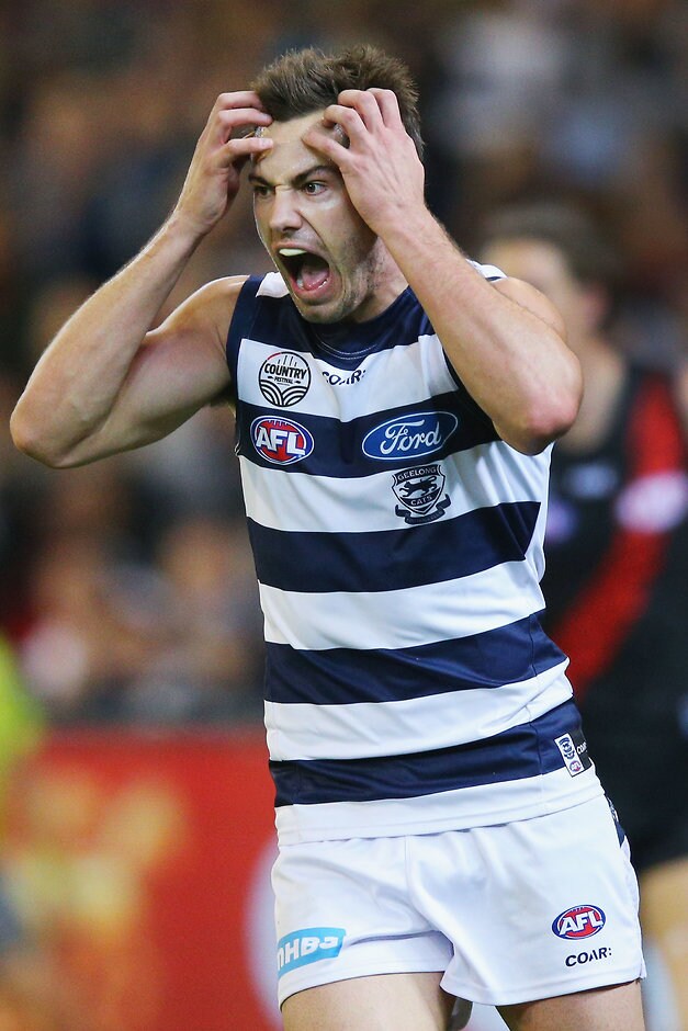 AFL 2017 Round 08 - Essendon v Geelong MELBOURNE, AUSTRALIA - MAY 13: Daniel Menzel of the Cats reacts after missing a kick for goal during the round eight AFL match between the Essendon Bombers and the Geelong Cats at Melbourne Cricket Ground on May 13, 2017 in Melbourne, Australia. (Photo by Michael Dodge/Getty Images/AFL Media)