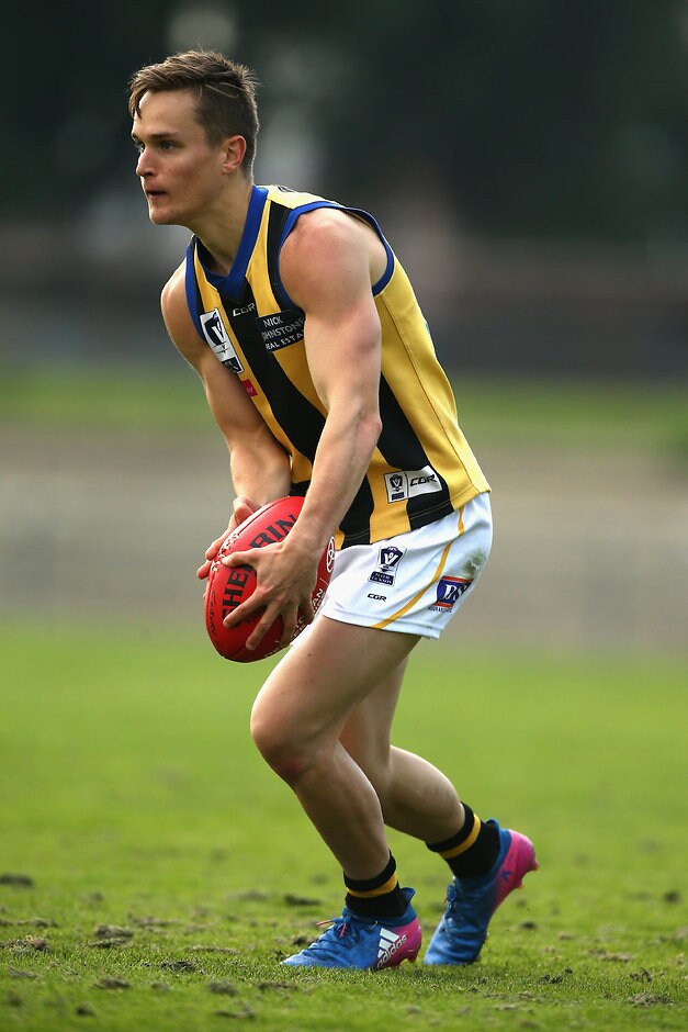 VFL 2017 Round 05 - Coburg v Sandringham MELBOURNE, AUSTRALIA - MAY 14: Nicholas O'Kearney of Sandringham kicks during the 2017 VFL round 05 match between the Coburg Lions and the Sandringham Zebras at Piranha Park on May 14, 2017 in Melbourne, Australia. (Photo by Rob Prezioso/AFL Media)