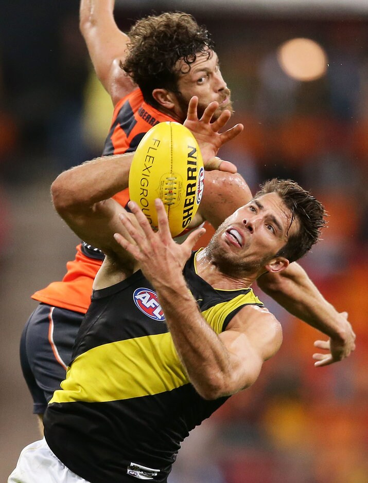 AFL 2017 Round 09 - GWS Giants v Richmond SYDNEY, AUSTRALIA - MAY 20: Alex Rance of the Tigers is challenged by Sam Reid of the Giants during the round nine AFL match between the Greater Western Sydney Giants and the Richmond Tigers at Spotless Stadium on May 20, 2017 in Sydney, Australia. (Photo by Matt King/AFL Media)