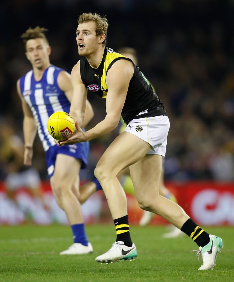 AFL 2017 Round 11 - North Melbourne v Richmond MELBOURNE, AUSTRALIA - JUNE 03: David Astbury of the Tigers in action during the 2017 AFL round 11 match between the North Melbourne Kangaroos and the Richmond Tigers at Etihad Stadium on June 03, 2017 in Melbourne, Australia. (Photo by Michael Willson/AFL Media)