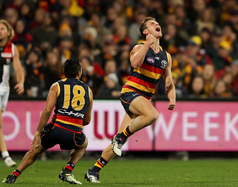 AFL 2017 Round 12 - Photographers Choice ADELAIDE, AUSTRALIA - JUNE 09: Jonathon Beech of the Crows celebrates his first goal in AFL during the 2017 AFL round 12 match between the Adelaide Crows and the St Kilda Saints at the Adelaide Oval on June 09, 2017 in Adelaide, Australia. (Photo by AFL Media)
