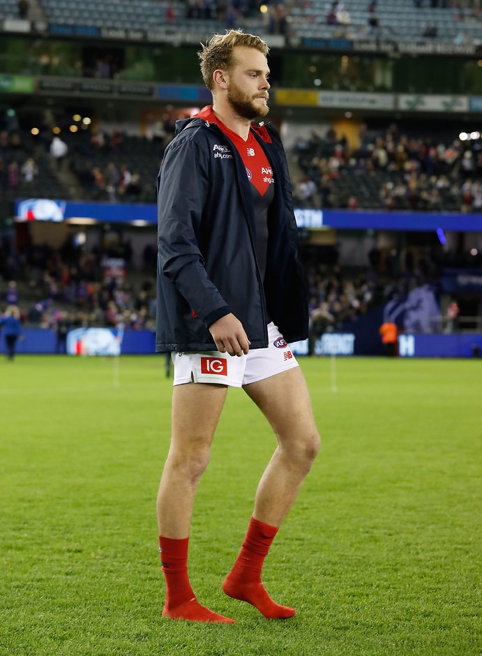 AFL 2017 Round 13 - Western Bulldogs v Melbourne MELBOURNE, AUSTRALIA - JUNE 18: Jack Watts of the Demons is seen injured during the 2017 AFL round 13 match between the Western Bulldogs and the Melbourne Demons at Etihad Stadium on June 18, 2017 in Melbourne, Australia. (Photo by Adam Trafford/AFL Media)