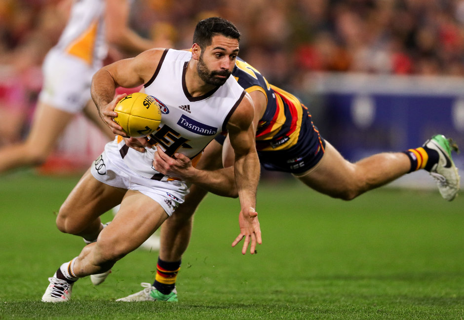 AFL 2017 Round 14 - Adelaide v Hawthorn ADELAIDE, AUSTRALIA - JUNE 22: Paul Puopolo of the Hawks is tackled by Brodie Smith of the Crows during the 2017 AFL round 14 match between the Adelaide Crows and the Hawthorn Hawks at the Adelaide Oval on June 22, 2017 in Adelaide, Australia. (Photo by AFL Media)