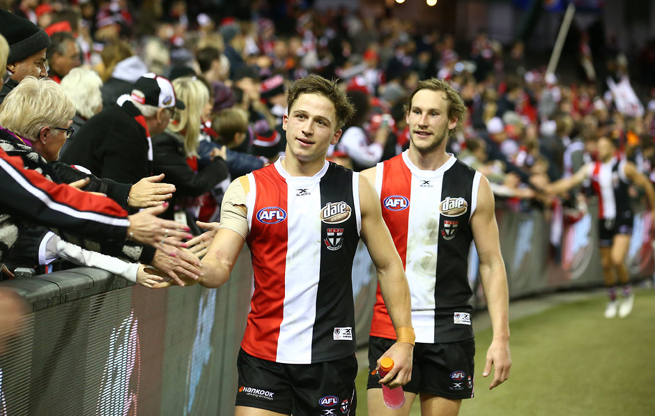 AFL 2017 Round 14 - St Kilda v Gold Coast MELBOURNE, AUSTRALIA - JUNE 25: Jack Billings of the Saints celebrates with supporters in the crowd after winning the 2017 AFL round 14 match between the St Kilda Saints and the Gold Coast Suns at Etihad Stadium on June 25, 2017 in Melbourne, Australia. (Photo by Scott Barbour/AFL Media)