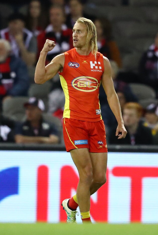 AFL 2017 Round 14 - St Kilda v Gold Coast MELBOURNE, AUSTRALIA - JUNE 25: Matt Shaw of the Suns celebrates after kicking a goal during the 2017 AFL round 14 match between the St Kilda Saints and the Gold Coast Suns at Etihad Stadium on June 25, 2017 in Melbourne, Australia. (Photo by Scott Barbour/AFL Media)