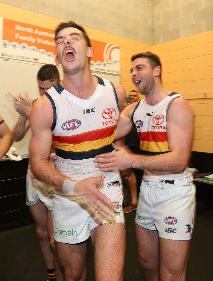 AFL 2017 Round 17 - Melbourne v Adelaide DARWIN, AUSTRALIA - JULY 15: Taylor Walker and Rory Atkins of the Crows celebrate after the Crows defeated the Demons during the round 17 AFL match between the Melbourne Demons and the Adelaide Crows at TIO Stadium on July 15, 2017 in Darwin, Australia. (Photo by Robert Cianflone/Getty Images/AFL Media)