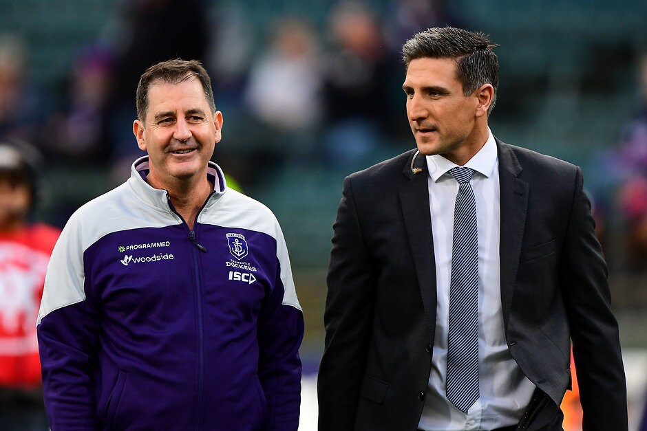 AFL 2017 Round 18 - Fremantle v Hawthorn Fremantle coach Ross Lyon and club great Matthew Pavlich - AFL,Fremantle Dockers,Matthew Pavlich