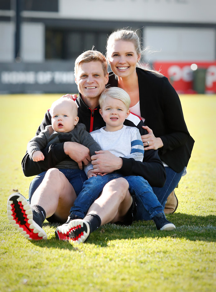 AFL 2017 Media - Nick Riewoldt Press Conference MELBOURNE, AUSTRALIA - JULY 31: Nick Riewoldt of the Saints poses for a photo with his wife Catherine and children James (3yo) and Will (10 months) during a press conference to announce his retirement on July 31, 2017 in Melbourne, Australia. (Photo by Adam Trafford/AFL Media)