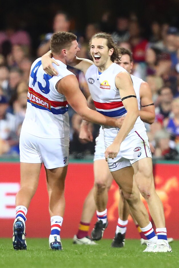 AFL 2017 Round 20 - Brisbane v Western Bulldogs BRISBANE, AUSTRALIA - AUGUST 05: Marcus Bontempelli of the Bulldogs celebrates a goal during the round 20 AFL match between the Brisbane Lions and the Western Bulldogs at The Gabba on August 5, 2017 in Brisbane, Australia. (Photo by Chris Hyde/Getty Images/AFL Media)