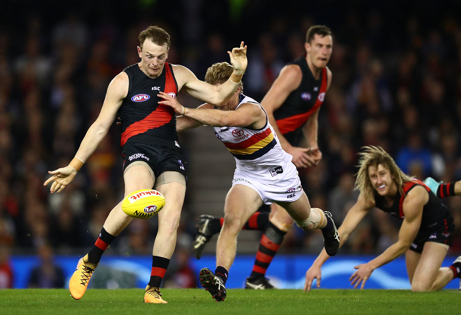 AFL 2017 Round 21 - Essendon v Adelaide Brendon Goddard isn't going quietly into the sunset - AFL,Adelaide Crows,Brisbane Lions,Carlton Blues,Collingwood Magpies,Essendon Bombers,Fremantle Dockers,Geelong Cats,Gold Coast Suns,GWS Giants,Hawthorn Hawks,Melbourne Demons,North Melbourne Kangaroos,Port Adelaide Power,Richmond Tigers,St Kilda Saints,Sydney Swans,West Coast Eagles,Western Bulldogs