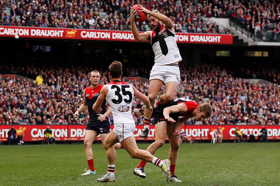 AFL 2017 Round 21 - Melbourne v St Kilda MELBOURNE, AUSTRALIA - AUGUST 13: Josh Bruce of the Saints marks the ball during the round 21 AFL match between the Melbourne Demons and the St Kilda Saints at Melbourne Cricket Ground on August 13, 2017 in Melbourne, Australia. (Photo by Daniel Pockett/AFL Media)