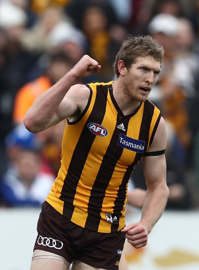AFL 2017 Round 21 - Hawthorn v North Melbourne LAUNCESTON, AUSTRALIA - AUGUST 13: Ben McEvoy of the Hawks celebrates after scoring a goal during the round 21 AFL match between the Hawthorn Hawks and the North Melbourne Kangaroos at University of Tasmania Stadium on August 13, 2017 in Launceston, Australia. (Photo by Robert Cianflone/Getty Images/AFL Media)