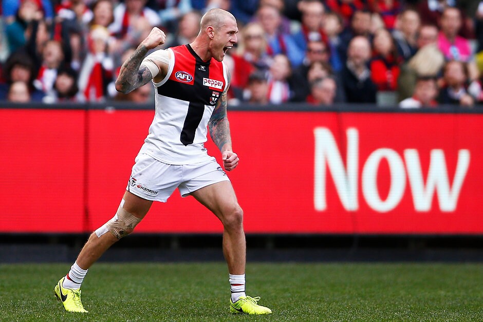 AFL 2017 Round 21 - Melbourne v St Kilda MELBOURNE, AUSTRALIA - AUGUST 13: Tim Membrey of the Saints celebrates after kicking a goal during the round 21 AFL match between the Melbourne Demons and the St Kilda Saints at Melbourne Cricket Ground on August 13, 2017 in Melbourne, Australia. (Photo by Daniel Pockett/AFL Media)