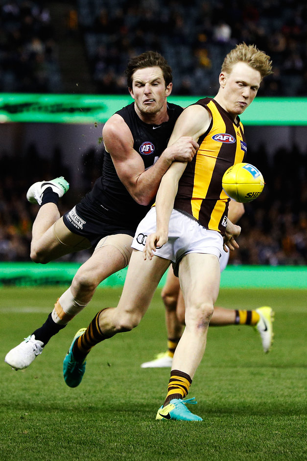 AFL 2017 Round 22 - Carlton v Hawthorn MELBOURNE, AUSTRALIA - AUGUST 19: Jed Lamb of the Blues tackles James Sicily of the Hawks during the 2017 AFL round 22 match between the Carlton Blues and the Hawthorn Hawks at Etihad Stadium on August 19, 2017 in Melbourne, Australia. (Photo by Michael Dodge/AFL Media)